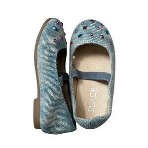 The Children's Place Girls Denim Slip-on Ballet Flat Shoes Jeweled Toddler Sz 5